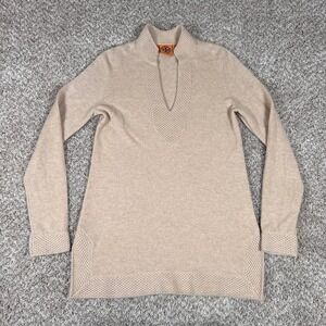 Tory Burch Tunic Sweater Womens Small Beige Cashmere Split Neck‎ Pullover